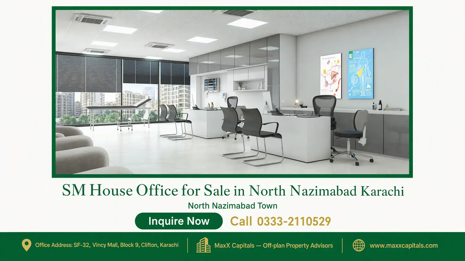 SM House Office for Sale in North Nazimabad Karachi Modern office space with glass windows, sleek furniture, and urban skyline view in SM House, North Nazimabad Karachi.