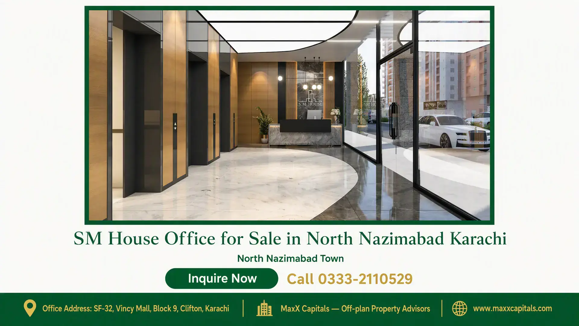 SM House Office for Sale in North Nazimabad Karachi Modern lobby interior of SM House with marble flooring, wooden paneling, reception desk, and glass walls in North Nazimabad K