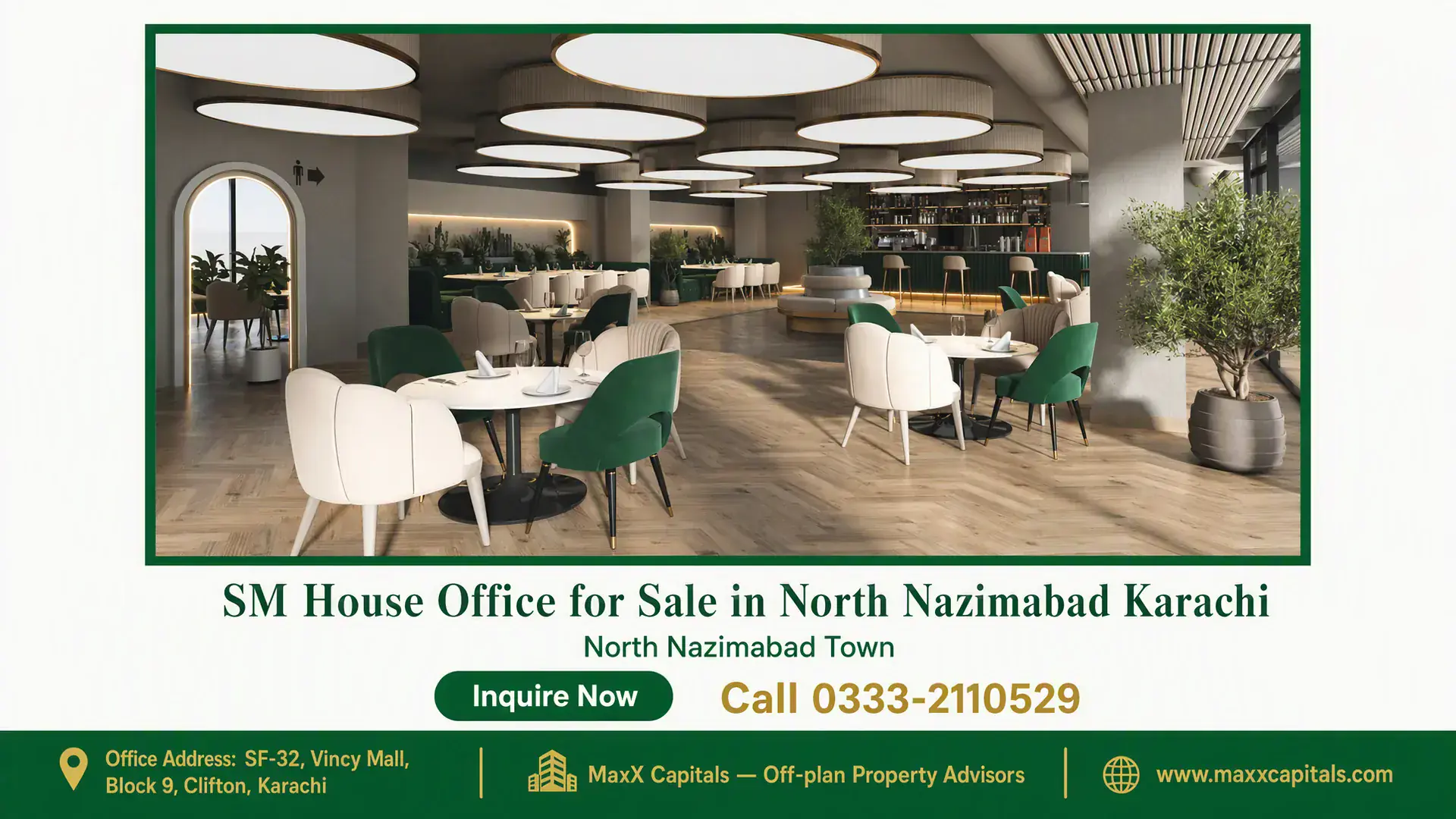 SM House Office for Sale in North Nazimabad Karachi Modern office space with elegant white and green furniture, circular ceiling lights, and wooden flooring in SM House, North N