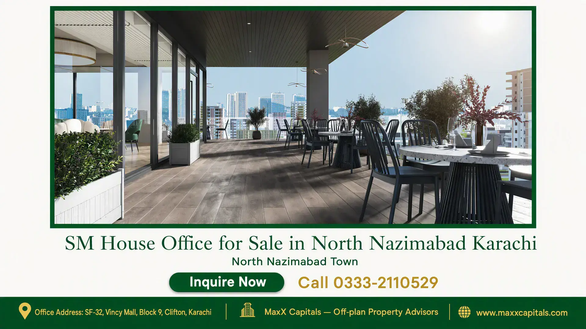 SM House Office for Sale in North Nazimabad Karachi Modern outdoor office terrace at SM House in North Nazimabad Karachi with seating area, skyline views, and floor-to-ceiling g