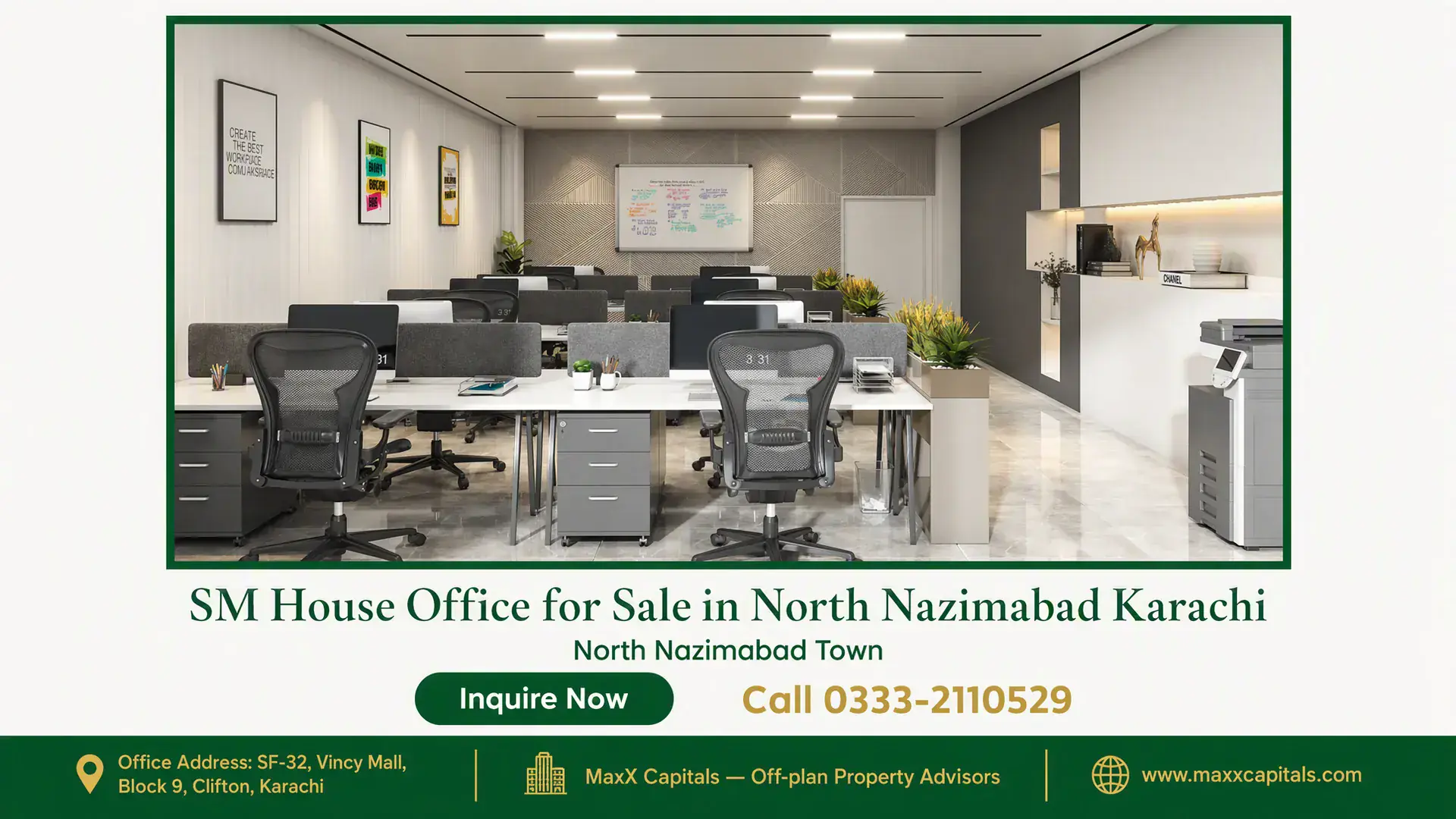 SM House Office for Sale in North Nazimabad Karachi Modern office interior with ergonomic chairs, desks, lush plants, and decorative wall panels, SM House North Nazimabad Karach