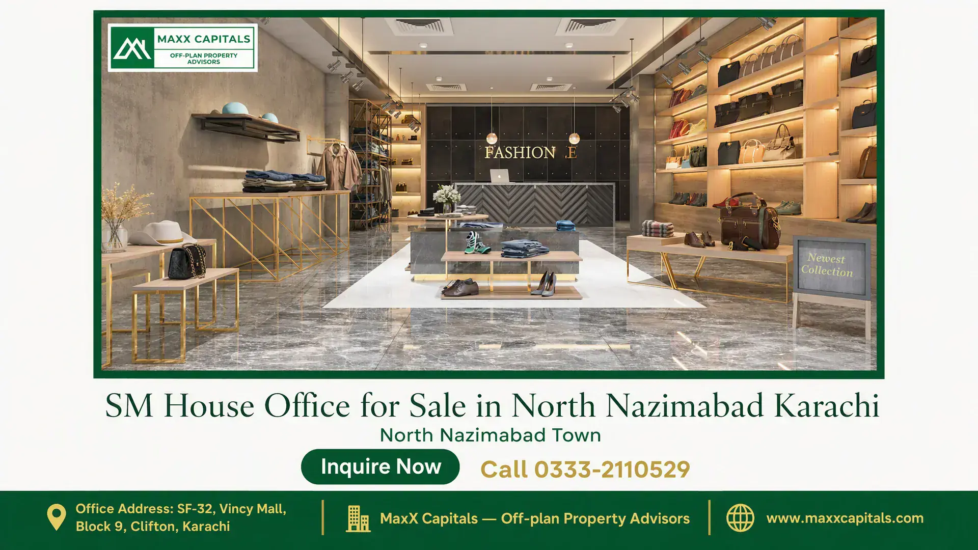 SM House Office for Sale in North Nazimabad Karachi Modern retail office space in SM House featuring marble flooring, sleek shelving, and upscale interior design in North Nazima