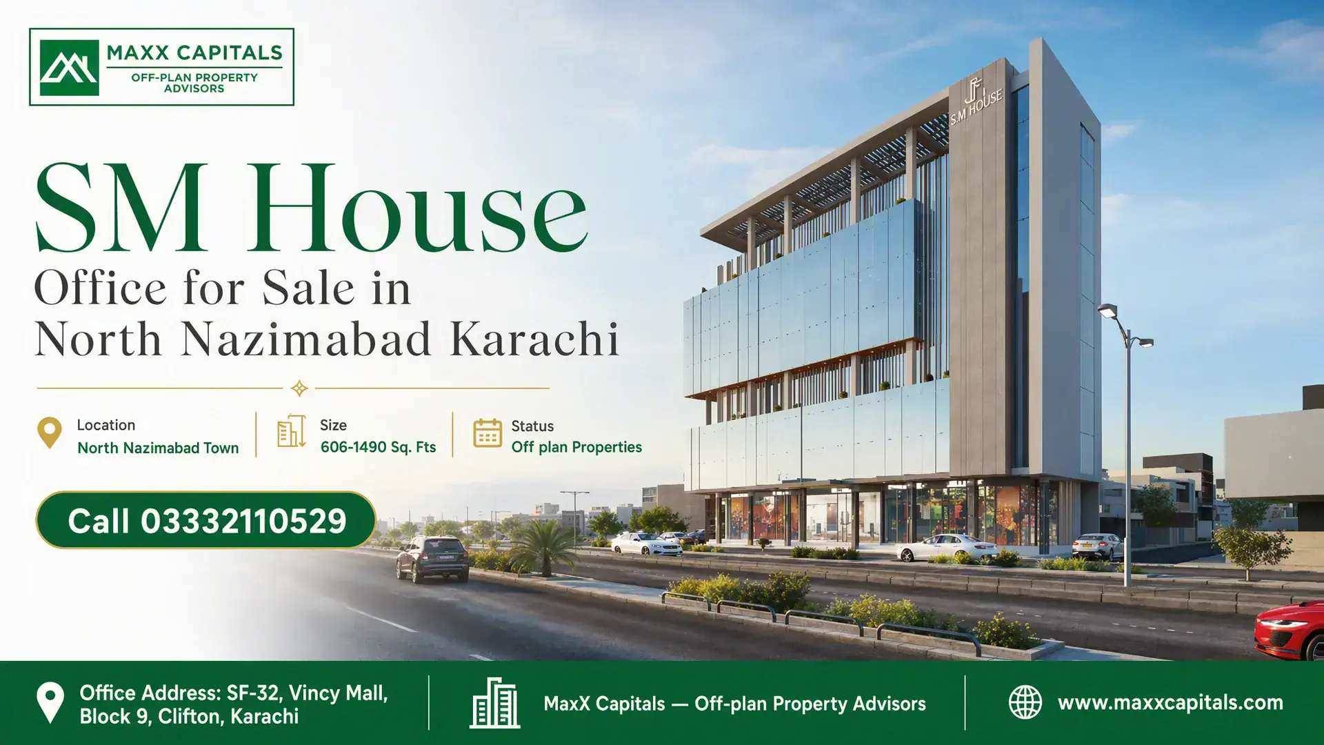 SM House Office for Sale in North Nazimabad Karachi Modern SM House office building in North Nazimabad Karachi with glass facade, landscaped surroundings, and urban street view.