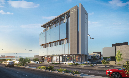 Sm House Office Building In North Nazimabad Karachi With Modern Glass Facade, Metallic Accents, Street View, Cars And Palm Tr