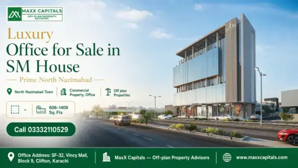Modern Commercial Building With Glass Façade Housing Luxury Offices Available For Sale In Sm House, North Nazimabad.