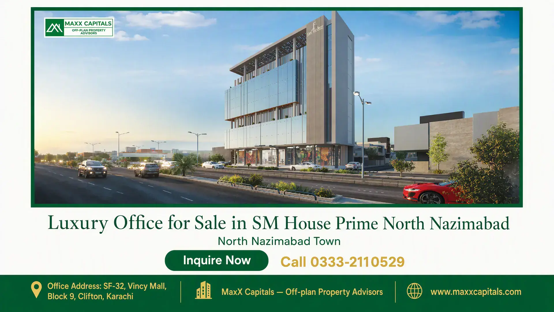 Luxury Office for Sale in SM House Prime North Nazimabad Modern multi-story commercial building in SM House North Nazimabad with glass facade and ample parking space.