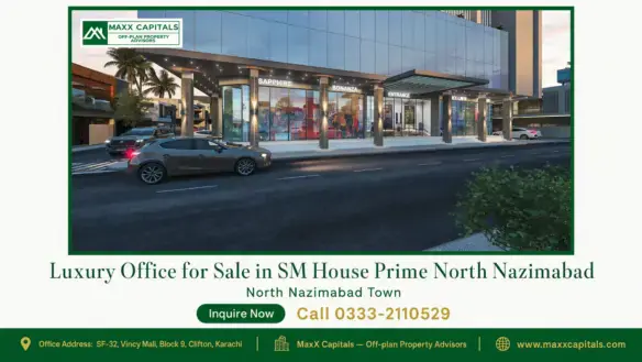 Modern commercial building exterior with glass facade, spacious entrance, and luxury offices in SM House Prime North Nazimaba