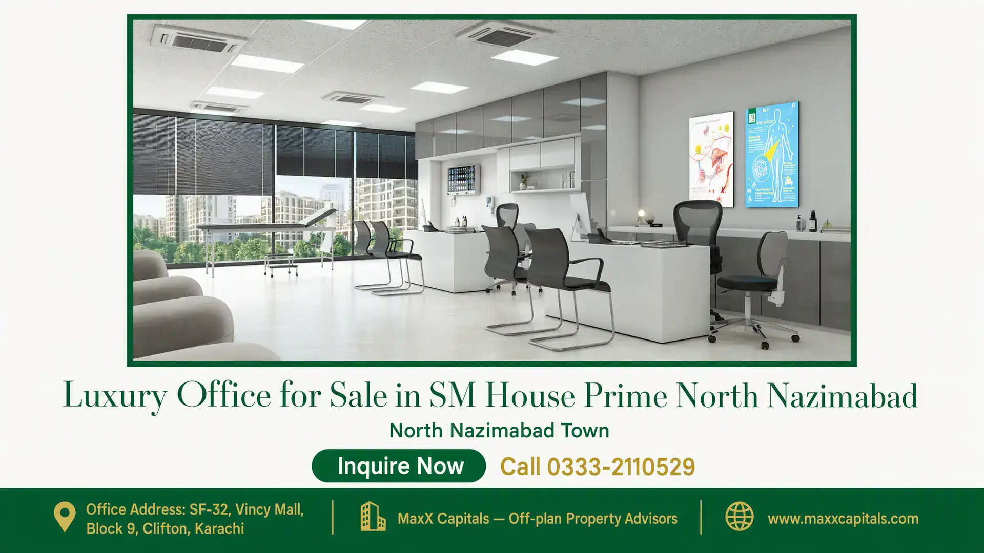 Luxury Office for Sale in SM House Prime North Nazimabad Modern luxury office space with sleek furniture, large windows, and a view of North Nazimabad skyline, in SM House.