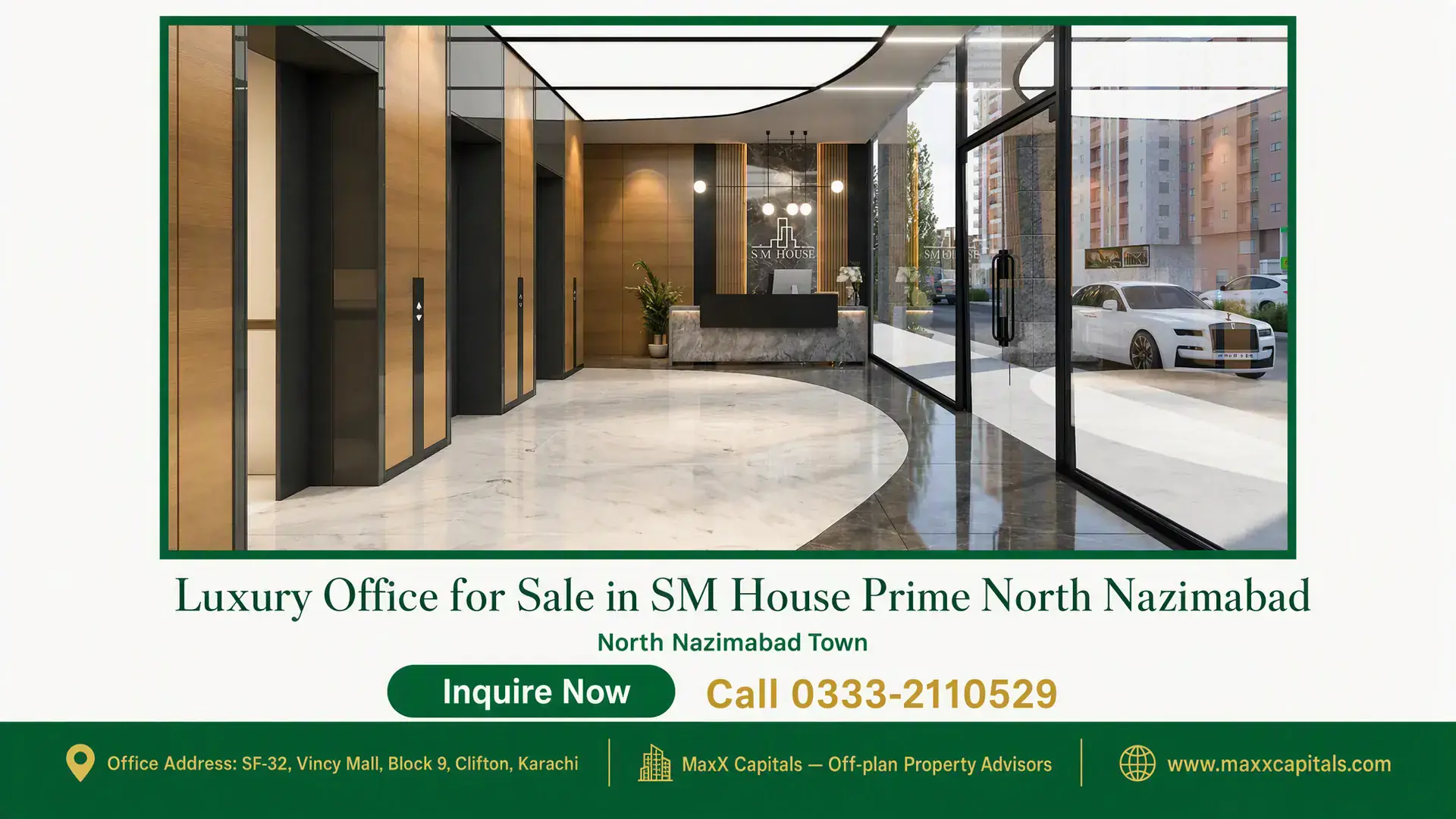 Luxury Office for Sale in SM House Prime North Nazimabad Modern lobby of an office at SM House in North Nazimabad with marble flooring, elevators, and glass exterior panels.