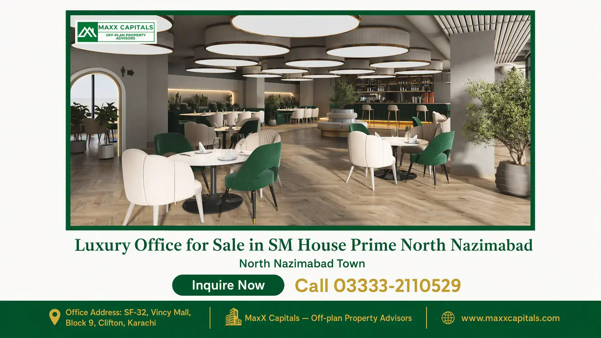 Luxury Office for Sale in SM House Prime North Nazimabad Spacious luxury office interior with modern furnishings, soft lighting, wooden flooring, and a central lounge area in SM Hous