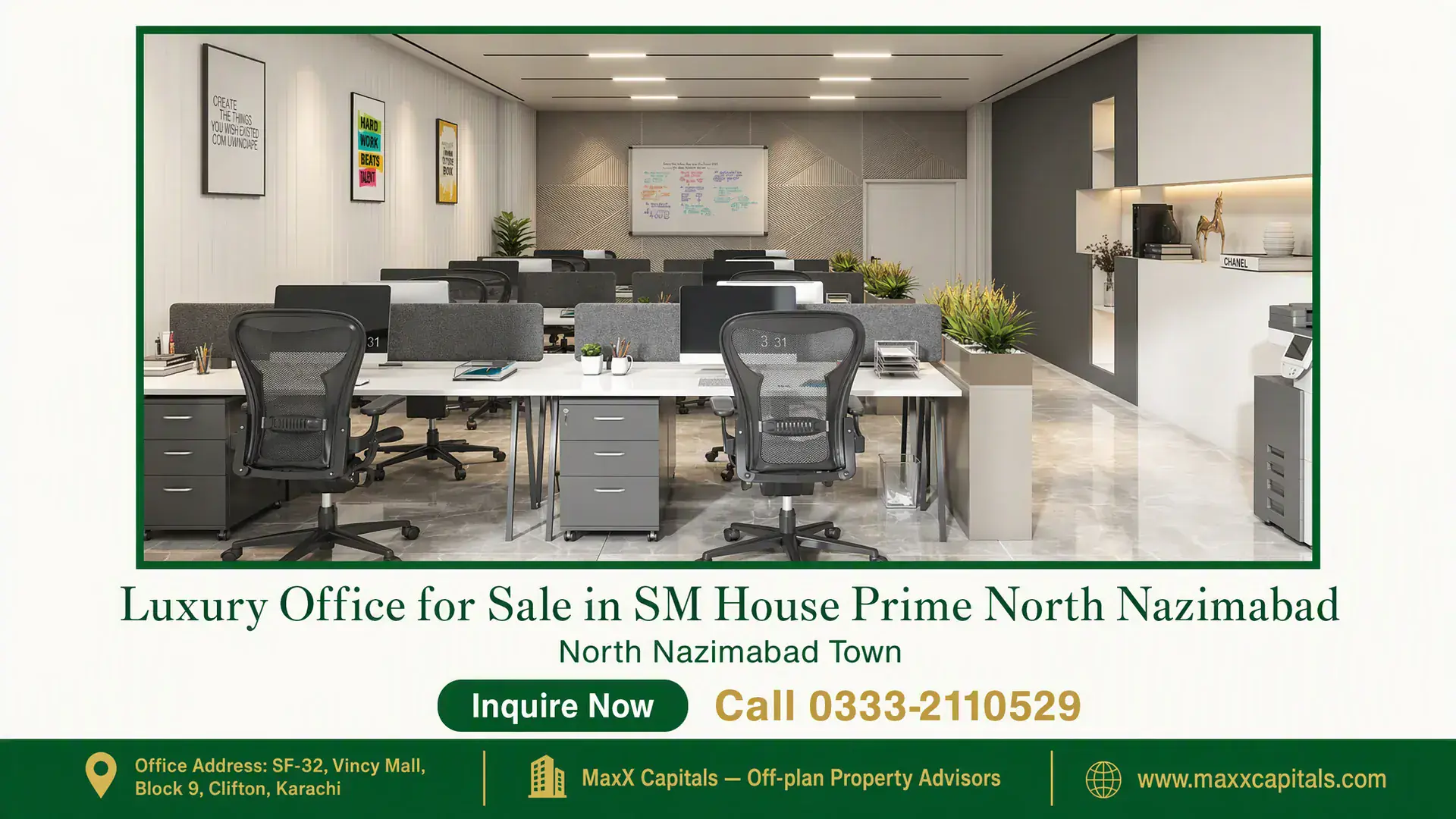 Luxury Office for Sale in SM House Prime North Nazimabad Modern office space with ergonomic chairs, desks, decorative plants, and premium lighting, ideal for professionals in SM Hous