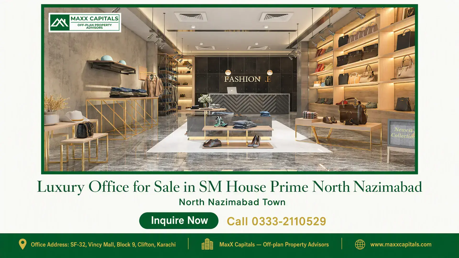 Luxury Office for Sale in SM House Prime North Nazimabad Modern luxury office with marble flooring, contemporary lighting, custom shelving, and stylish retail displays in SM House.
