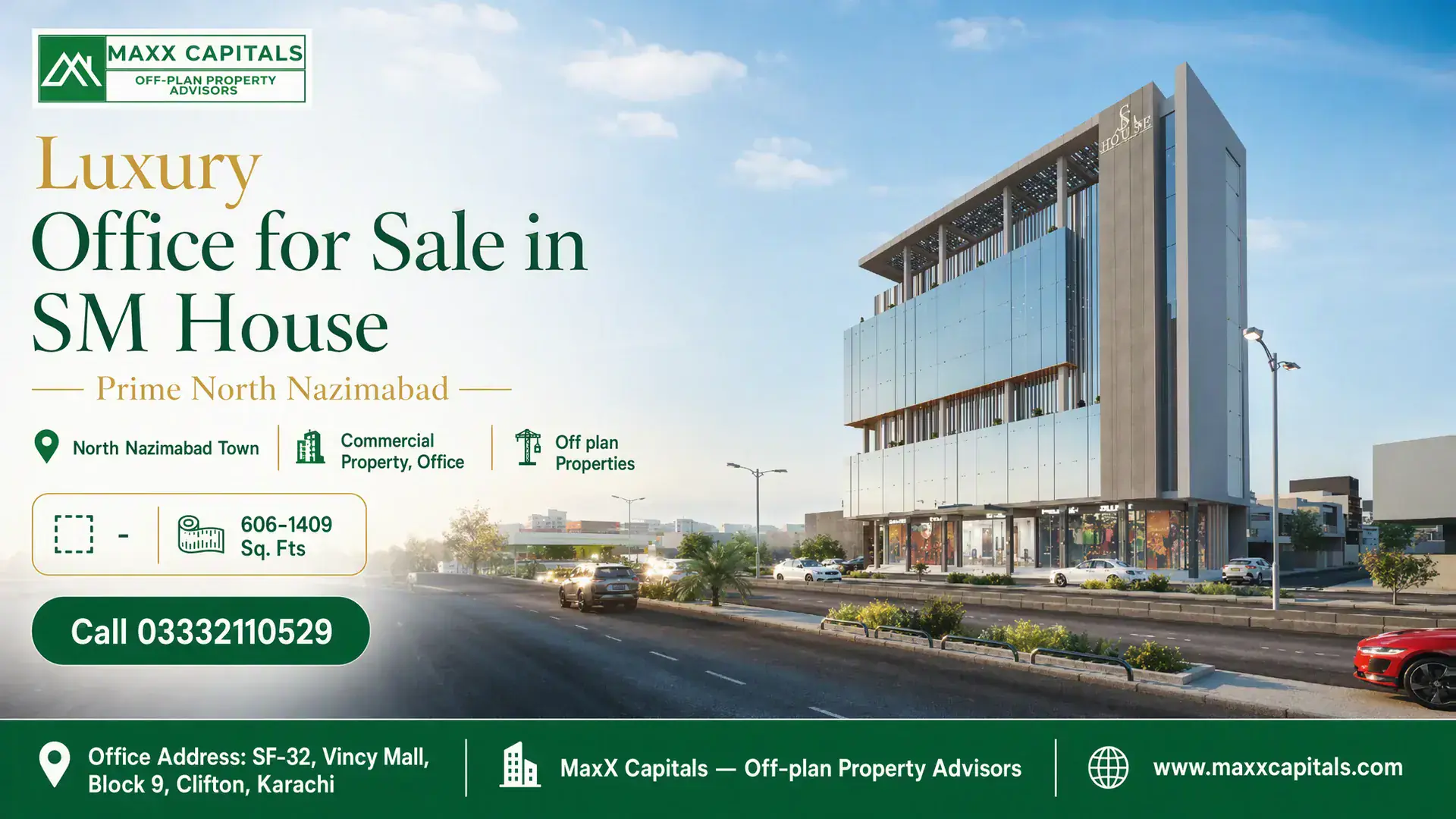 Luxury Office for Sale in SM House Prime North Nazimabad Modern commercial building with glass façade housing luxury offices available for sale in SM House, North Nazimabad.