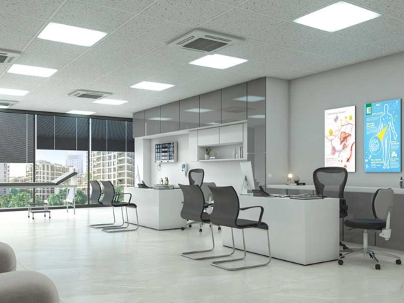 Modern luxury office interior in SM House Prime North Nazimabad with white reception desks, black ergonomic chairs, large win