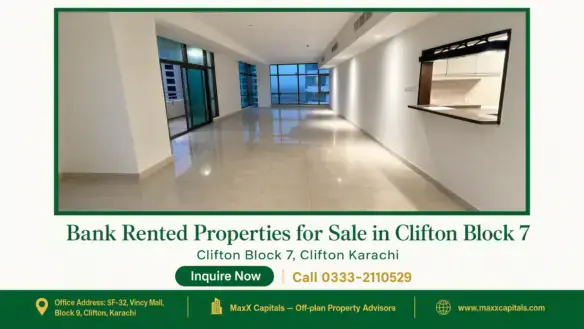 Spacious open-plan living area with tiled flooring, floor-to-ceiling windows, and a modern kitchenette in Clifton Block 7.