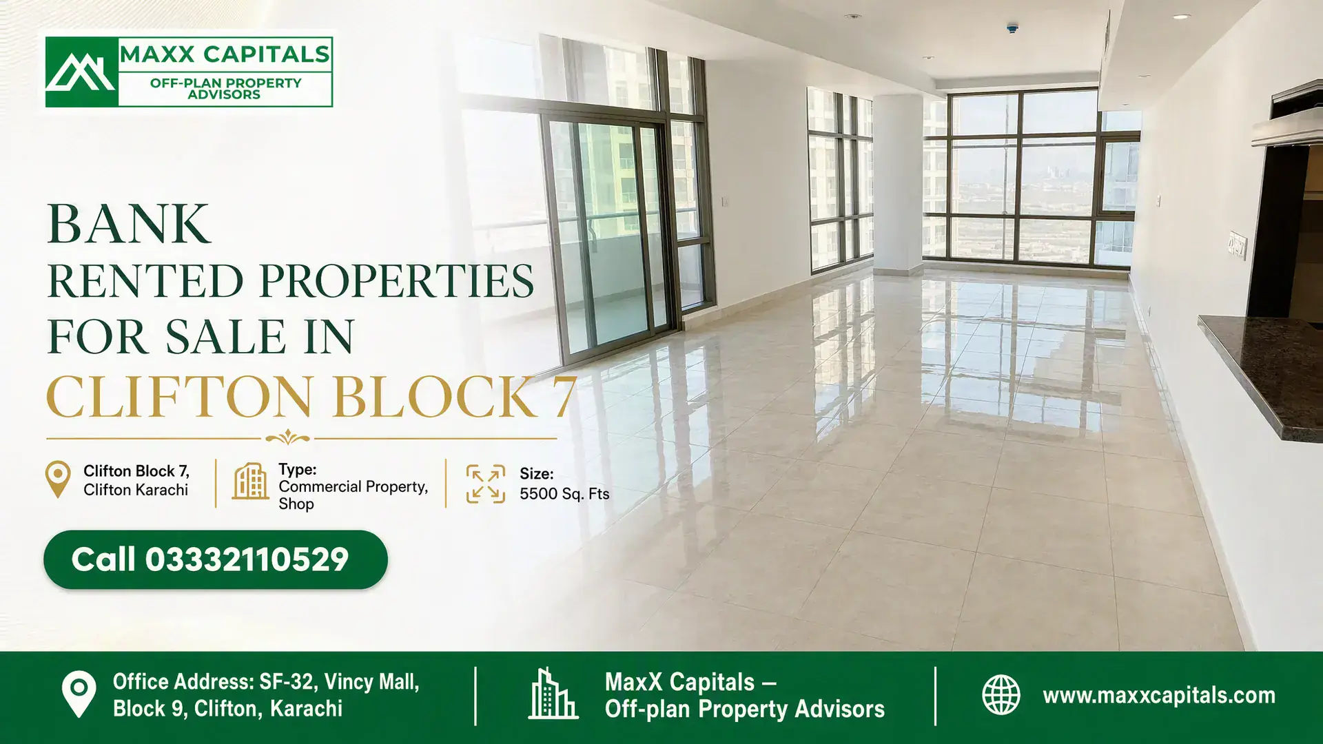 Bank Rented Properties for Sale in Clifton Block 7 Spacious, well-lit commercial property with tiled flooring and large glass windows in Clifton Block 7, 5500 sq. ft.