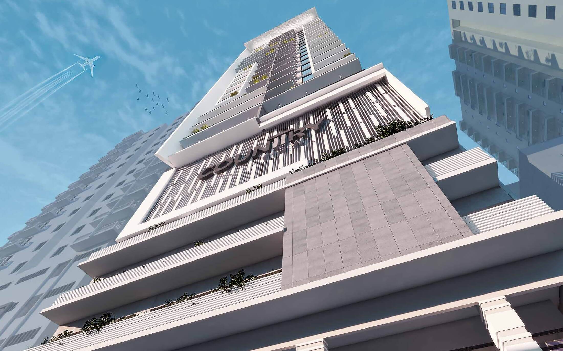 Country Naval View 2 Apartments Block 9 Clifton Karachi (11) Modern high-rise facade of Country Naval View luxury apartments in Clifton with glass panels, cantilevered balconies, greener
