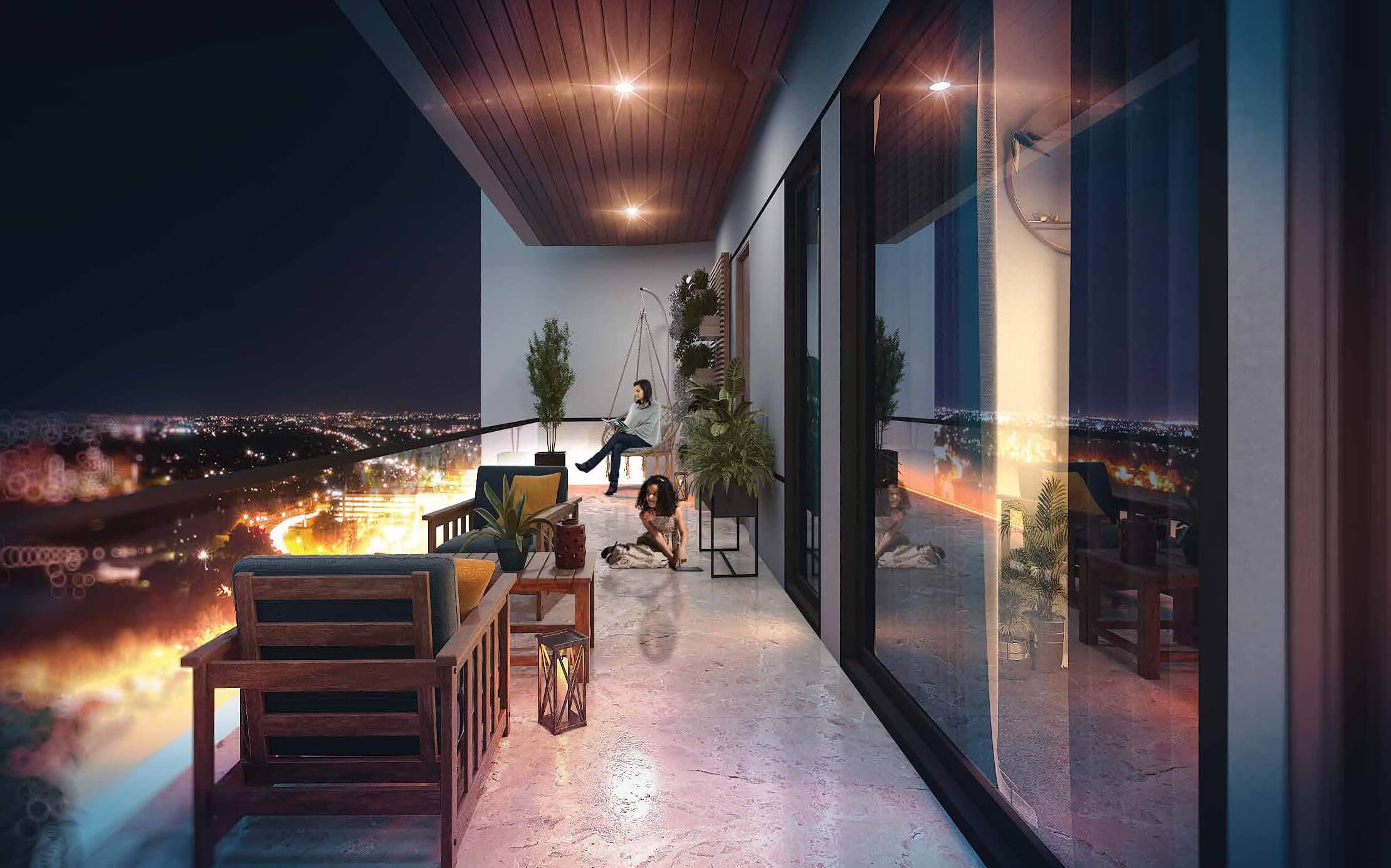 Country Naval View 2 Apartments Block 9 Clifton Karachi (2) Spacious balcony at Country Naval View luxury apartments in Clifton with nighttime naval cityscape view, wooden lounge chairs