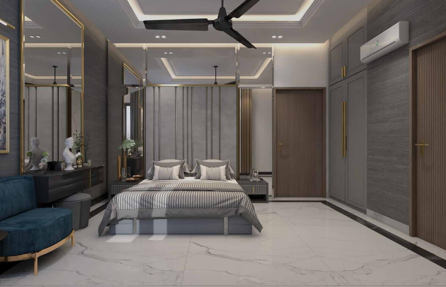 Country Naval View 2 Apartments Block 9 Clifton Karachi (4) Country Naval View luxury master bedroom in Clifton apartments: king bed with gray bedding, blue velvet chair, mirrored walls