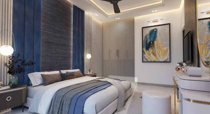 Country Naval View 2 Apartments Block 9 Clifton Karachi (5) Luxury master bedroom in Country Naval View apartments Clifton with blue textured accent wall, king-size bed, mirrored wardro