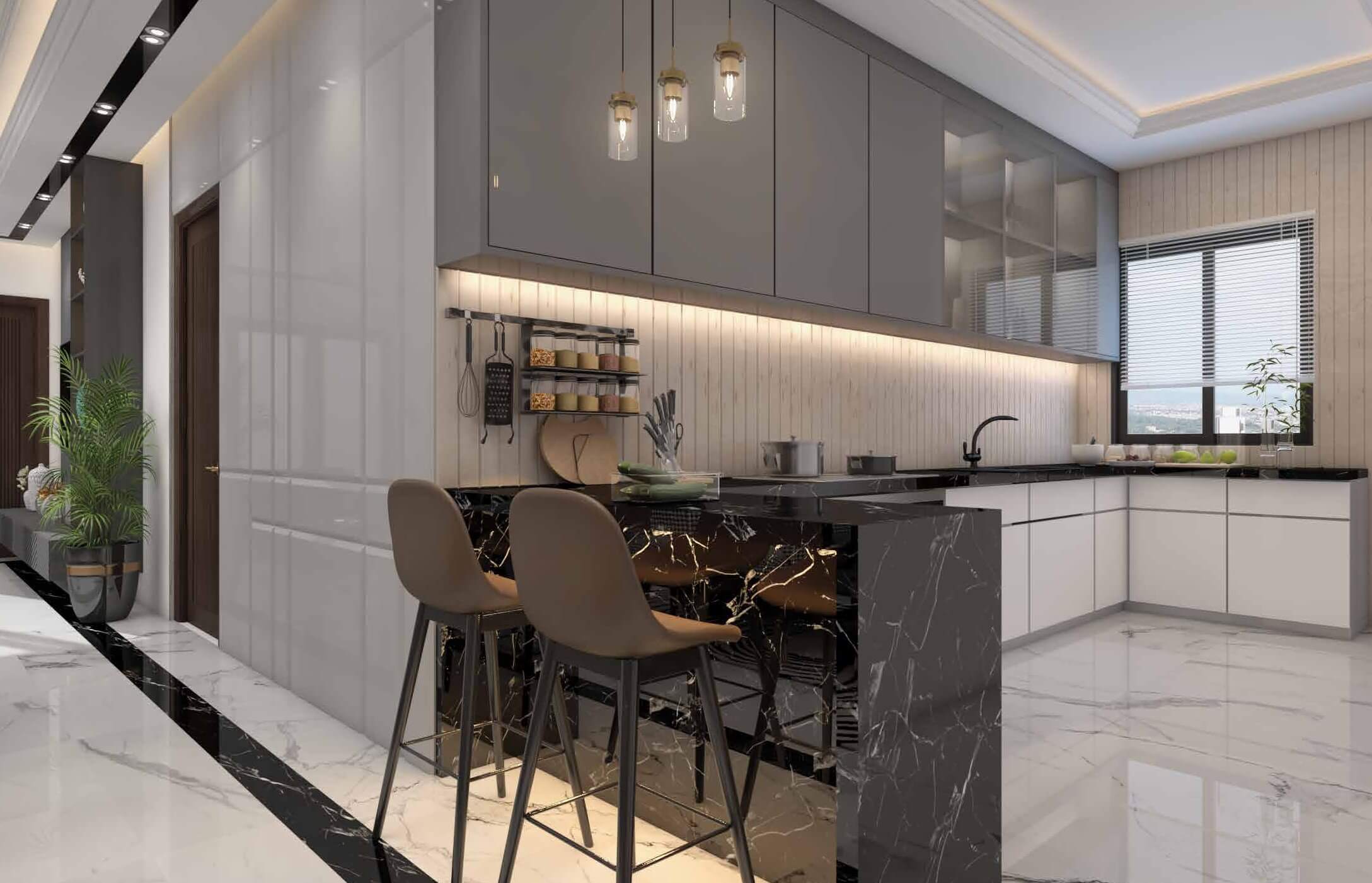 Country Naval View 2 Apartments Block 9 Clifton Karachi (6) Modern kitchen in Country Naval View luxury apartments Clifton with grey cabinets, black marble island, bar stools, pendant l