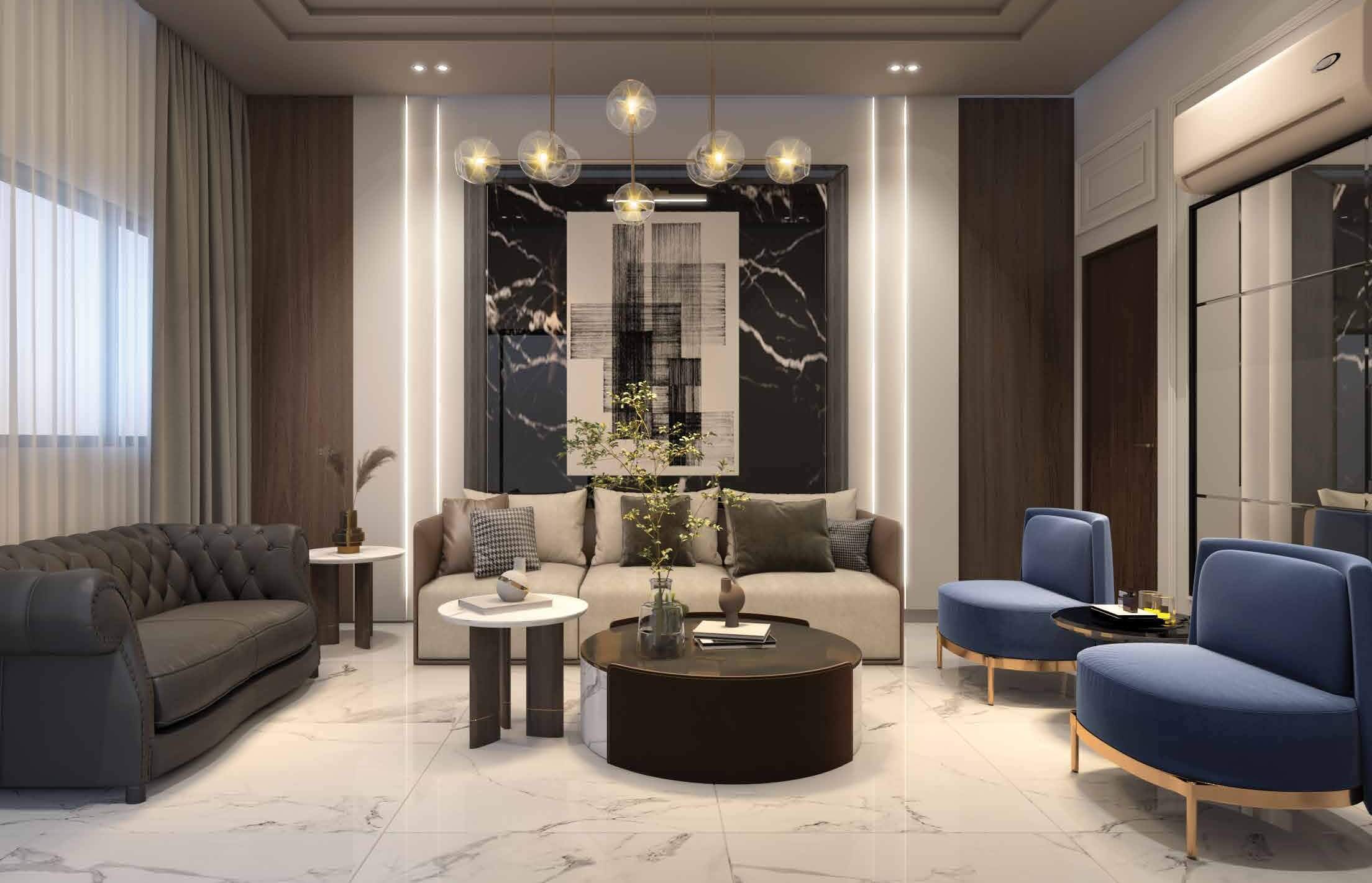 Country Naval View 2 Apartments Block 9 Clifton Karachi (7) Spacious living room in Country Naval View luxury apartments Clifton with tufted leather sofas blue accent chairs modern wall