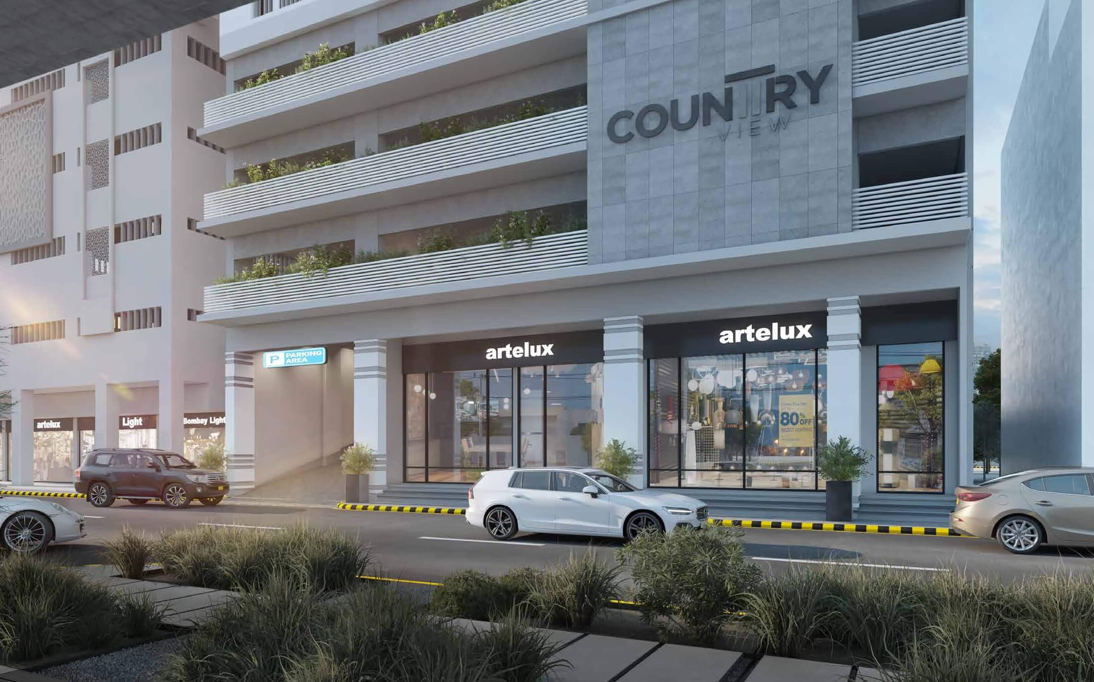 Country Naval View 2 Apartments Block 9 Clifton Karachi (8) Exterior of Country Naval View luxury apartments in Clifton with modern facade, balconies, Country signage, Artelux retail, c