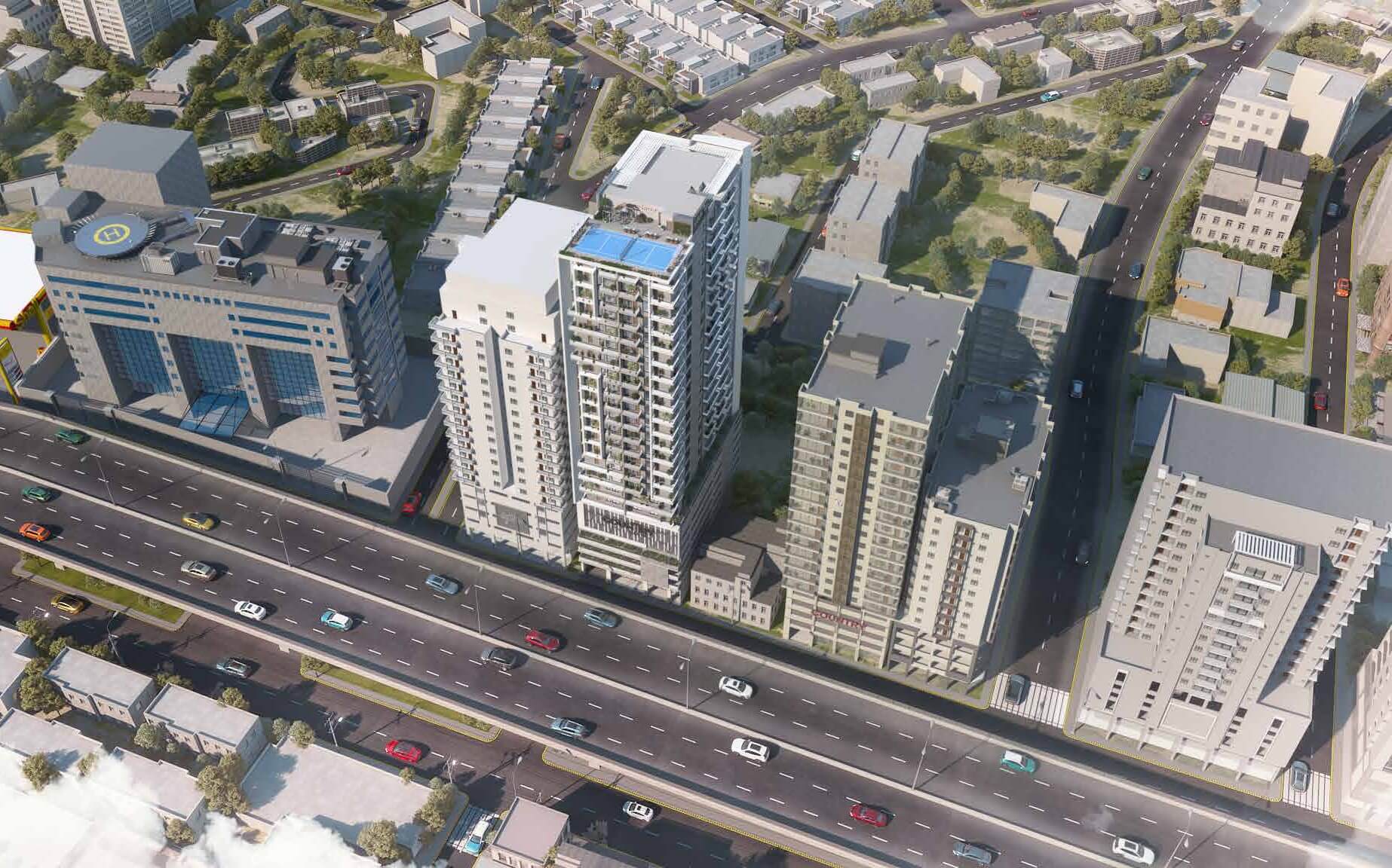 Country Naval View 2 Apartments Block 9 Clifton Karachi (9) Aerial view of Country Naval View luxury apartments in Clifton showing tall white high-rise towers, roads, and greenery
