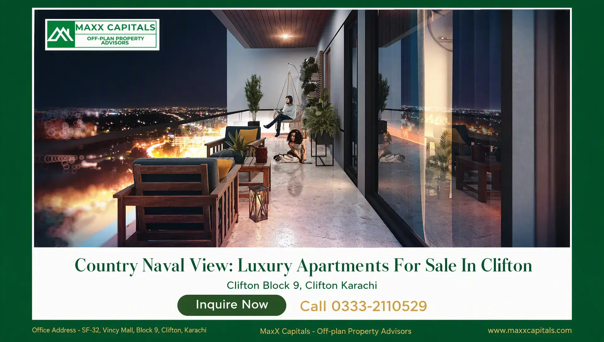 Country Naval View: Luxury Apartments For Sale In Clifton Country Naval View balcony with glass railing, seating, and city lights over Clifton at night