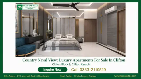 Country Naval View bedroom with marble-look flooring, mirrored wardrobes, gold trim, and ceiling fan