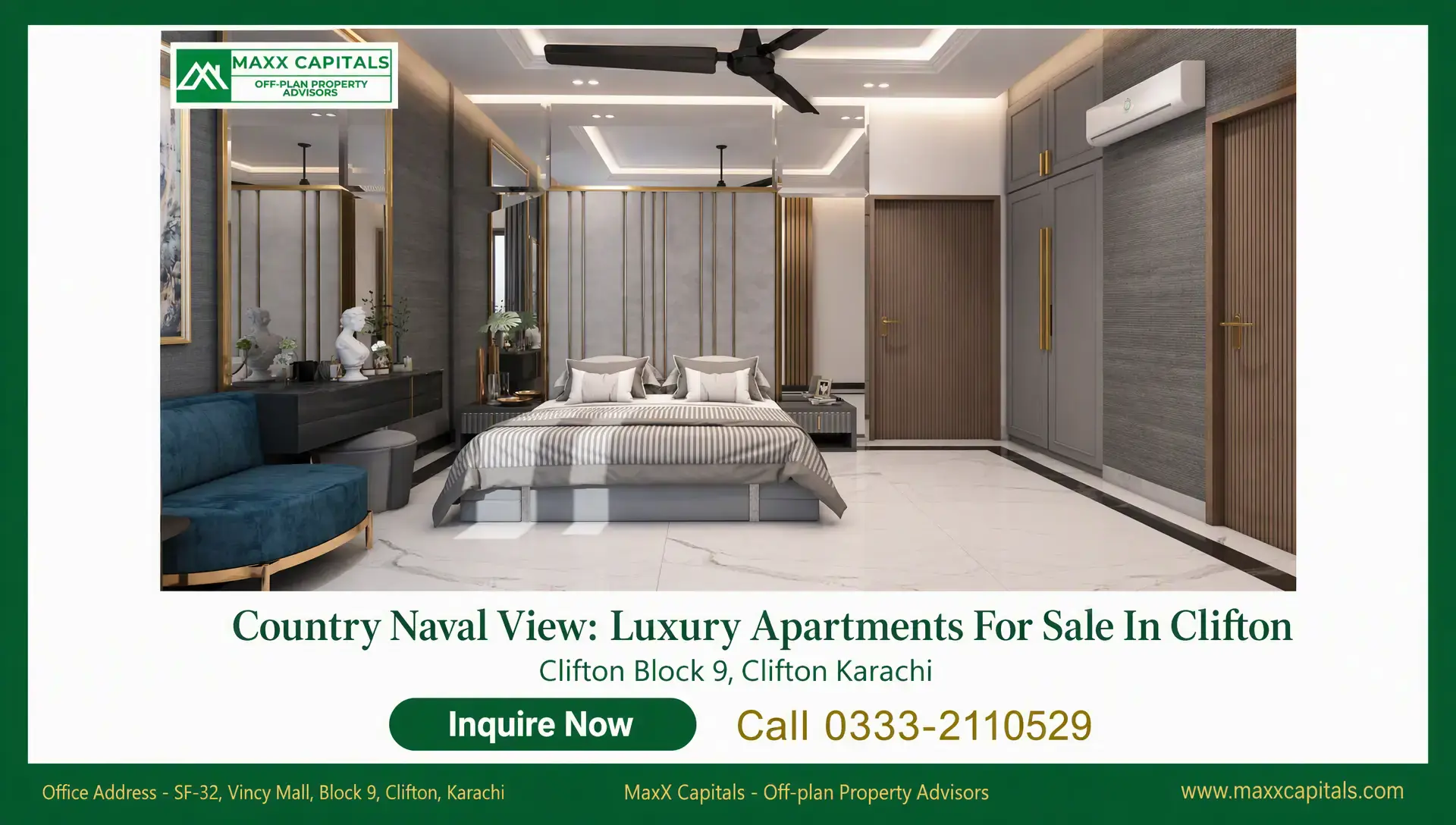 Country Naval View: Luxury Apartments For Sale In Clifton Country Naval View bedroom with marble-look flooring, mirrored wardrobes, gold trim, and ceiling fan