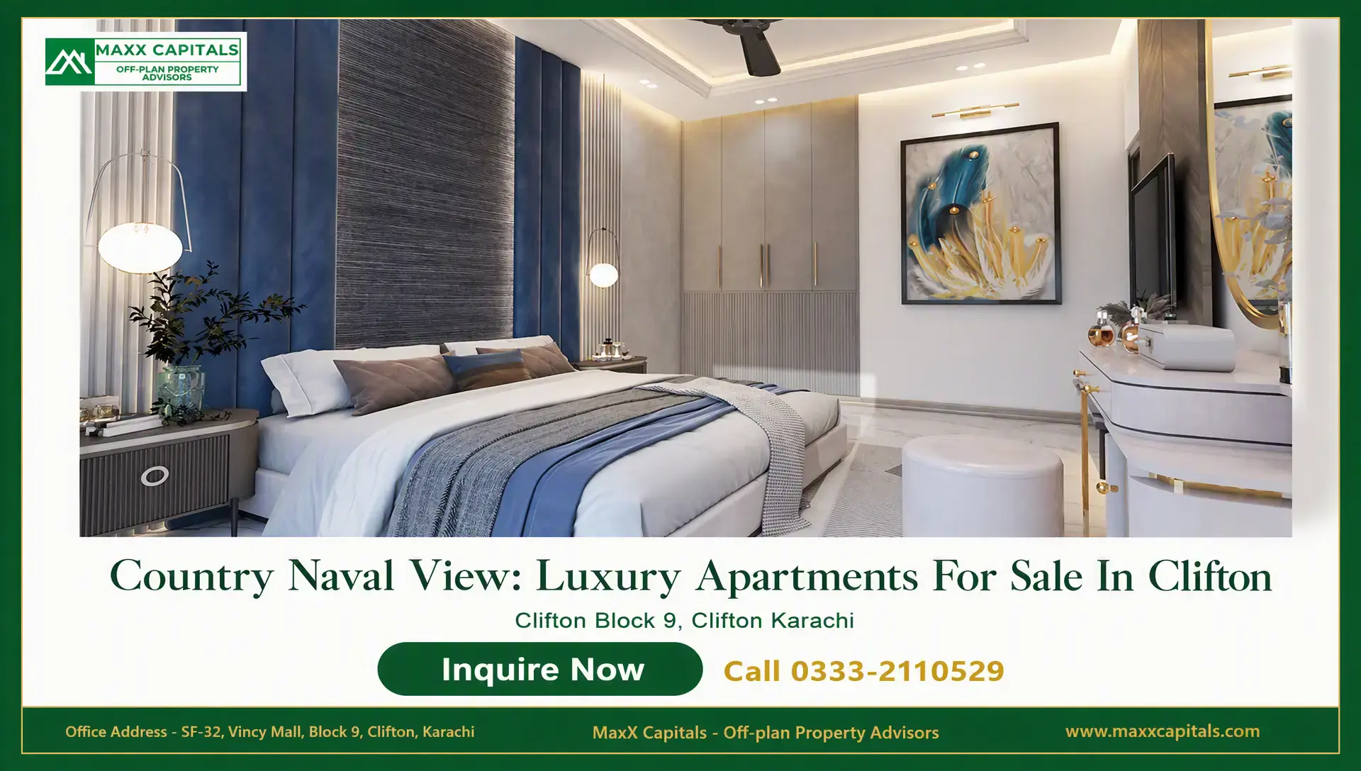 Country Naval View: Luxury Apartments For Sale In Clifton Country Naval View bedroom with upholstered bed, paneled wall, and modern vanity in Clifton