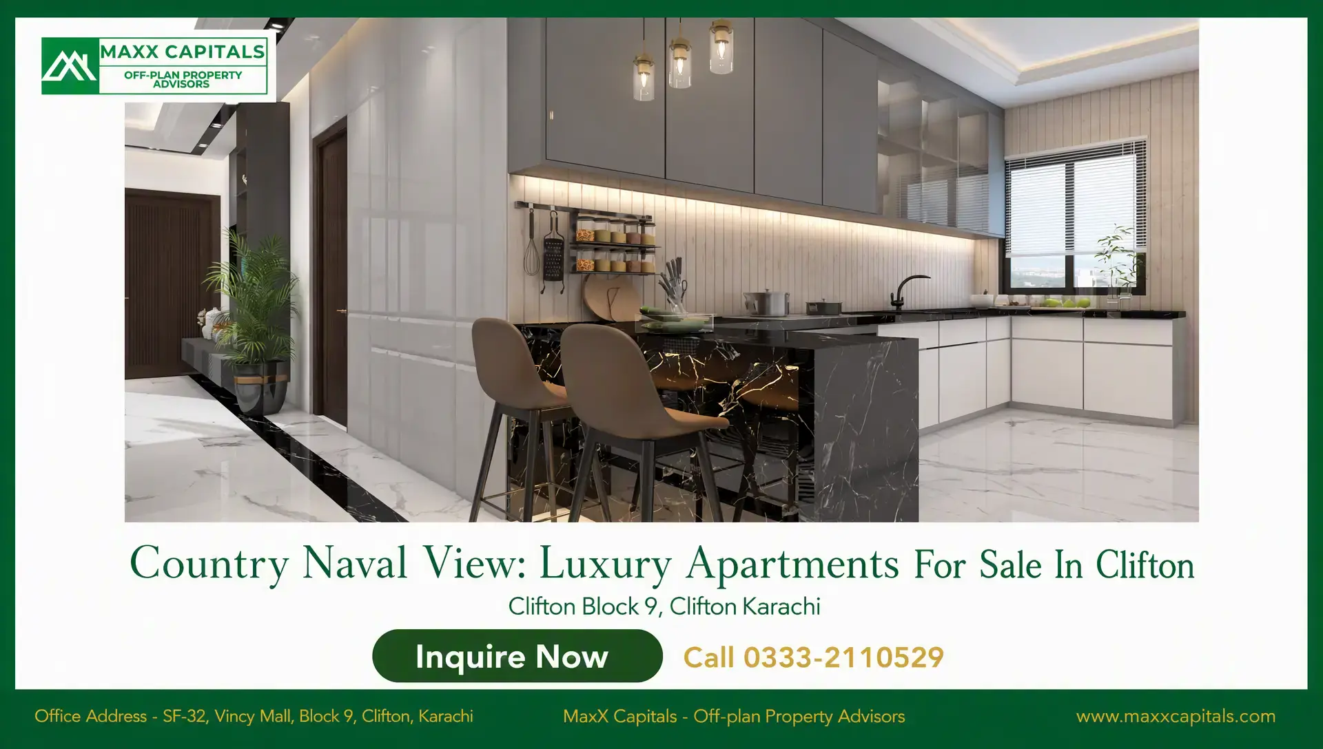 Country Naval View: Luxury Apartments For Sale In Clifton Country Naval View modern kitchen with black marble island, glossy cabinetry, and windowed corner layout