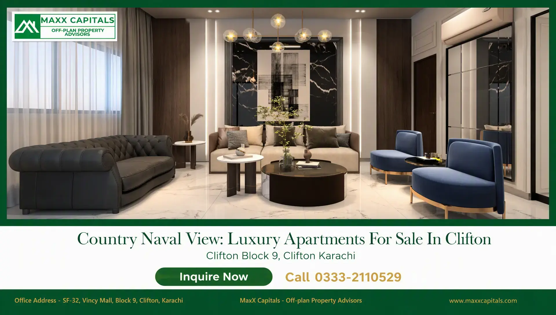 Country Naval View: Luxury Apartments For Sale In Clifton Country Naval View luxury living room with marble floors, statement wall paneling, and modern seating