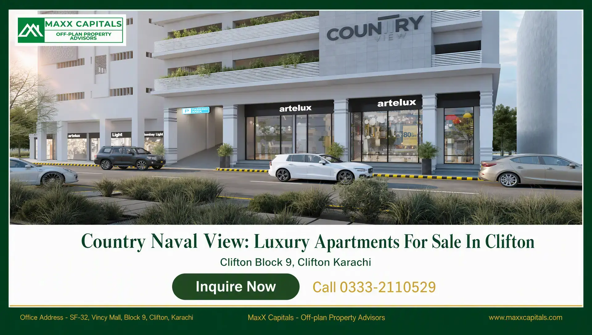 Country Naval View: Luxury Apartments For Sale In Clifton Country Naval View facade with retail frontages, balconies, and covered drop-off in Clifton