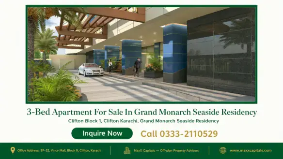 Elegant entrance of Grand Monarch Seaside Residency with modern architecture, lush greenery, and luxury car driveway.