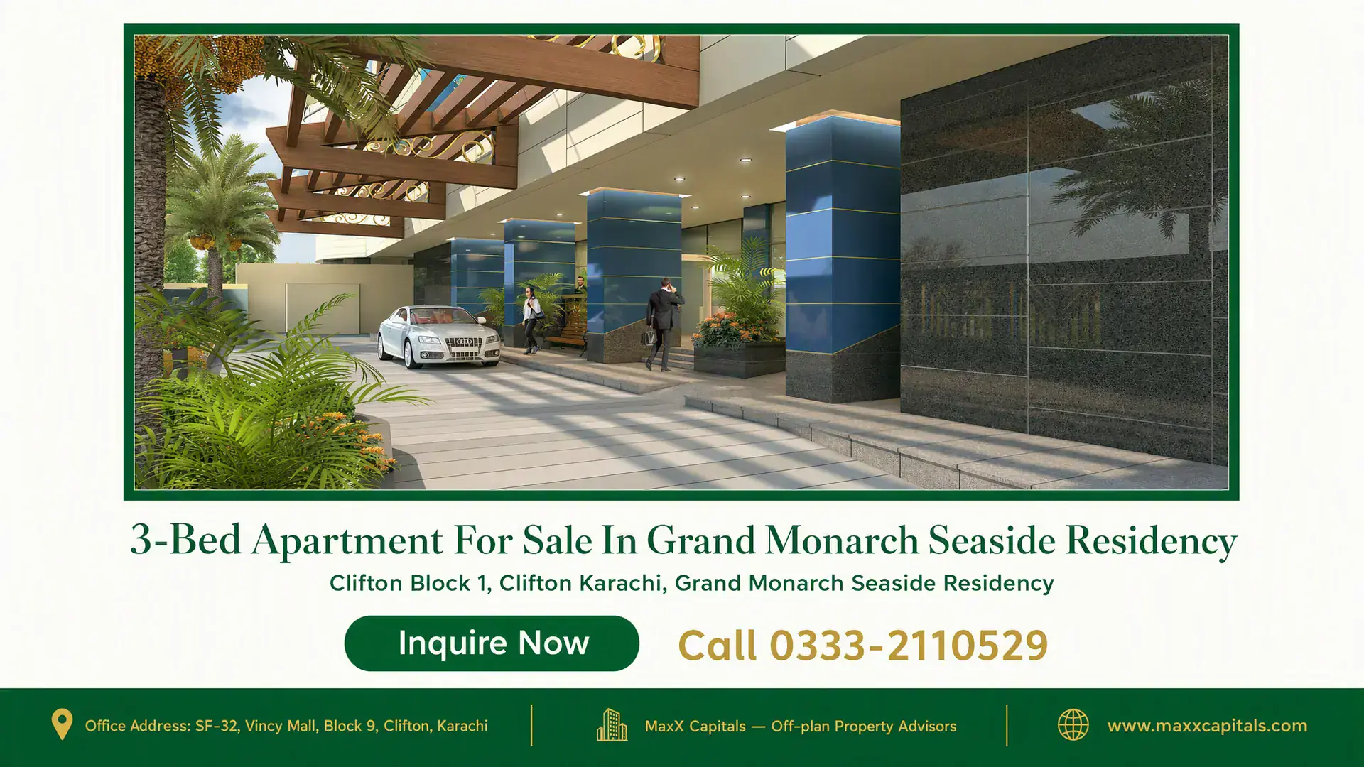 3-Bed Apartment For Sale In Grand Monarch Seaside Residency Elegant entrance of Grand Monarch Seaside Residency with modern architecture, lush greenery, and luxury car driveway.
