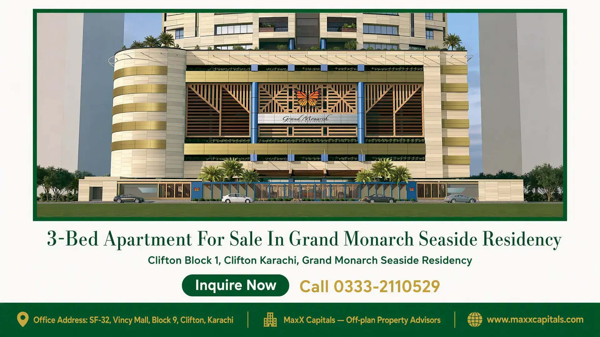 3-Bed Apartment For Sale In Grand Monarch Seaside Residency Modern facade of the Grand Monarch Seaside Residency in Karachi with landscaping and luxury design elements