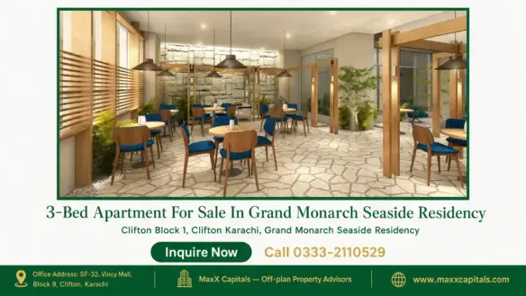 Elegant seating area with natural stone flooring, wooden pergolas, and ambient lighting at the Grand Monarch seaside apartmen