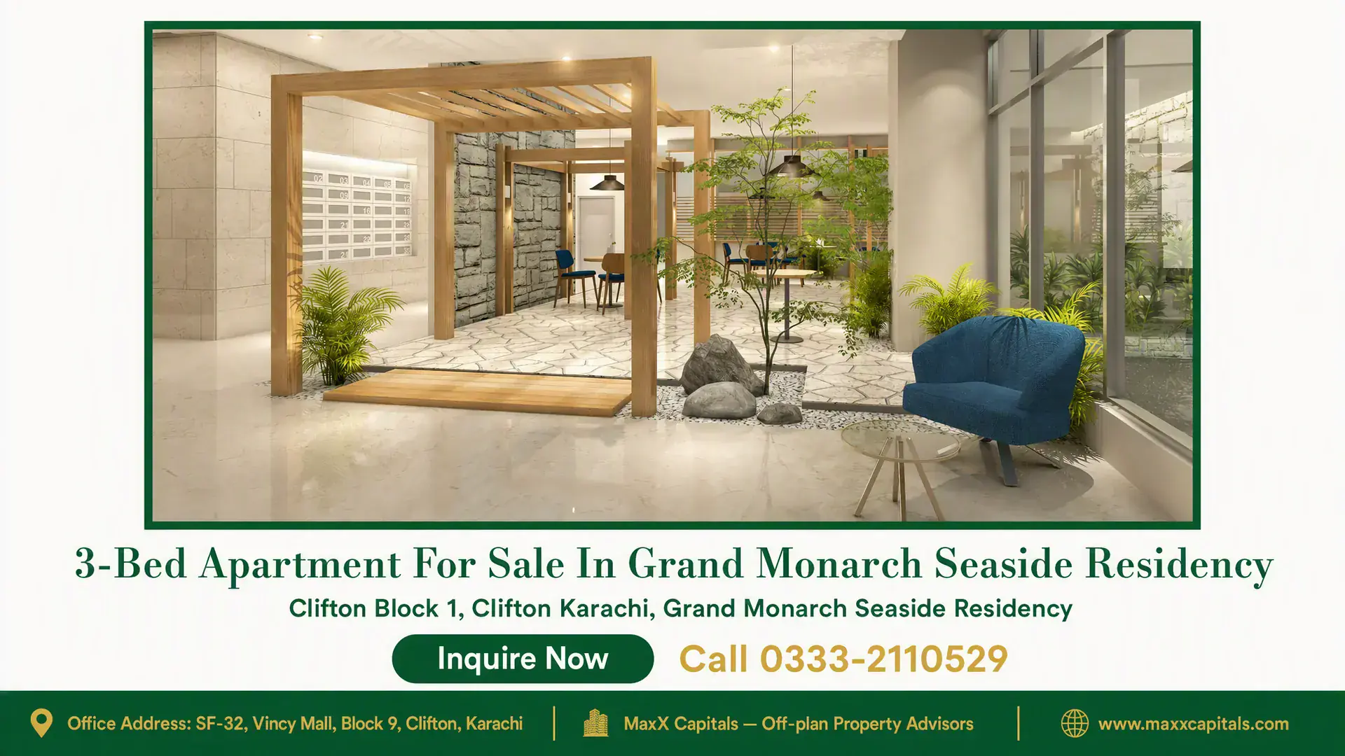 3-Bed Apartment For Sale In Grand Monarch Seaside Residency Elegant communal area with wooden pergolas, modern stone walls, lush greenery, and floor-to-ceiling glass windows in Grand Mo