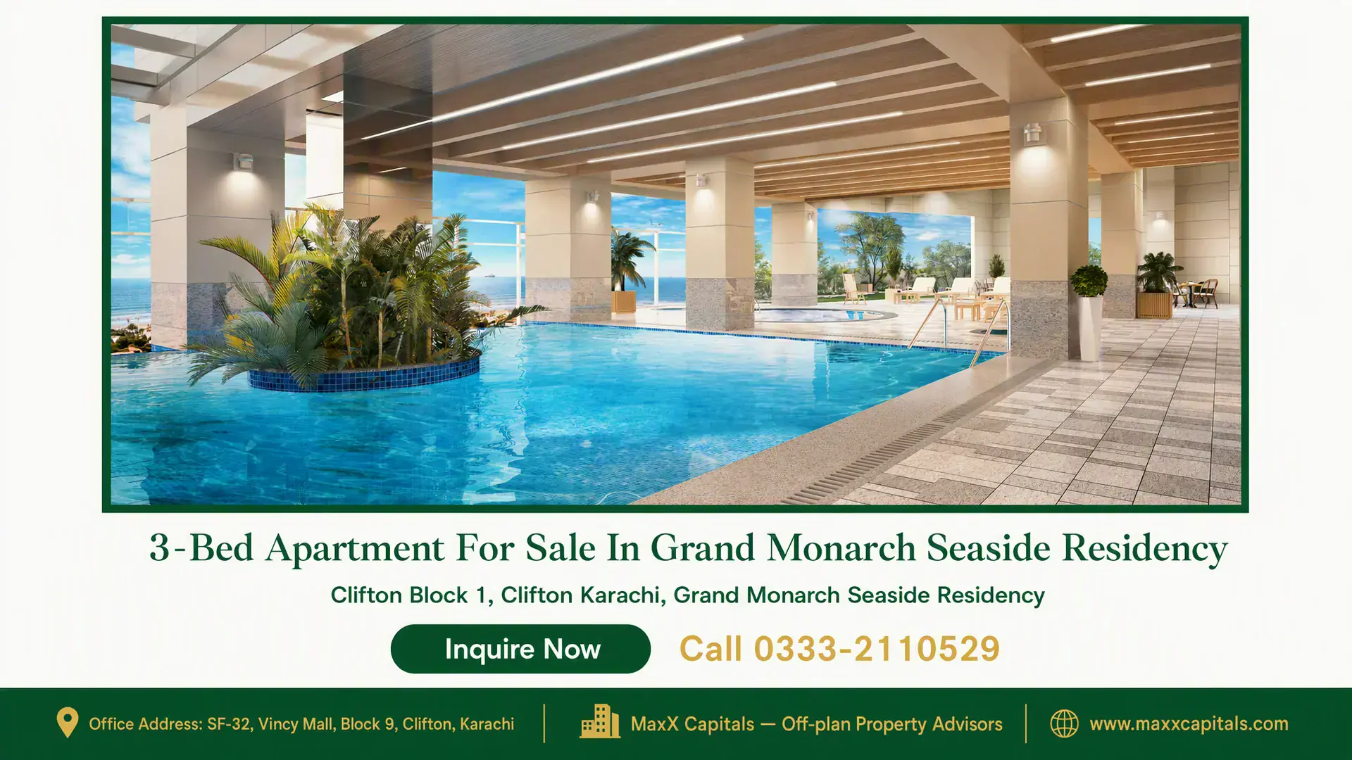 3-Bed Apartment For Sale In Grand Monarch Seaside Residency Luxurious indoor pool area with modern wooden ceiling, lush greenery, and ocean view at Grand Monarch Seaside Residency.