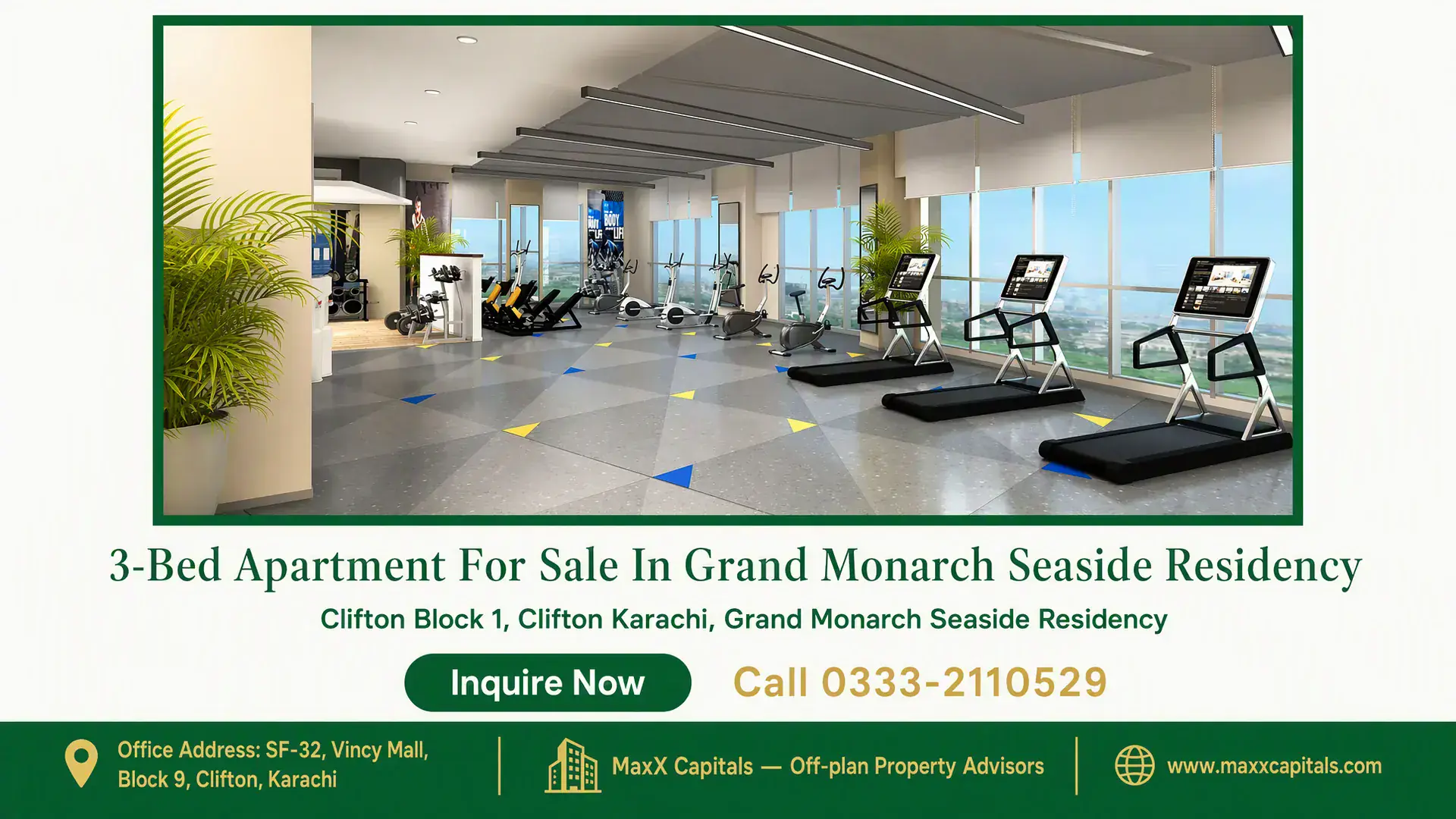 3-Bed Apartment For Sale In Grand Monarch Seaside Residency State-of-the-art gym with treadmills, exercise bikes, floor-to-ceiling windows and modern interiors at Grand Monarch Seaside