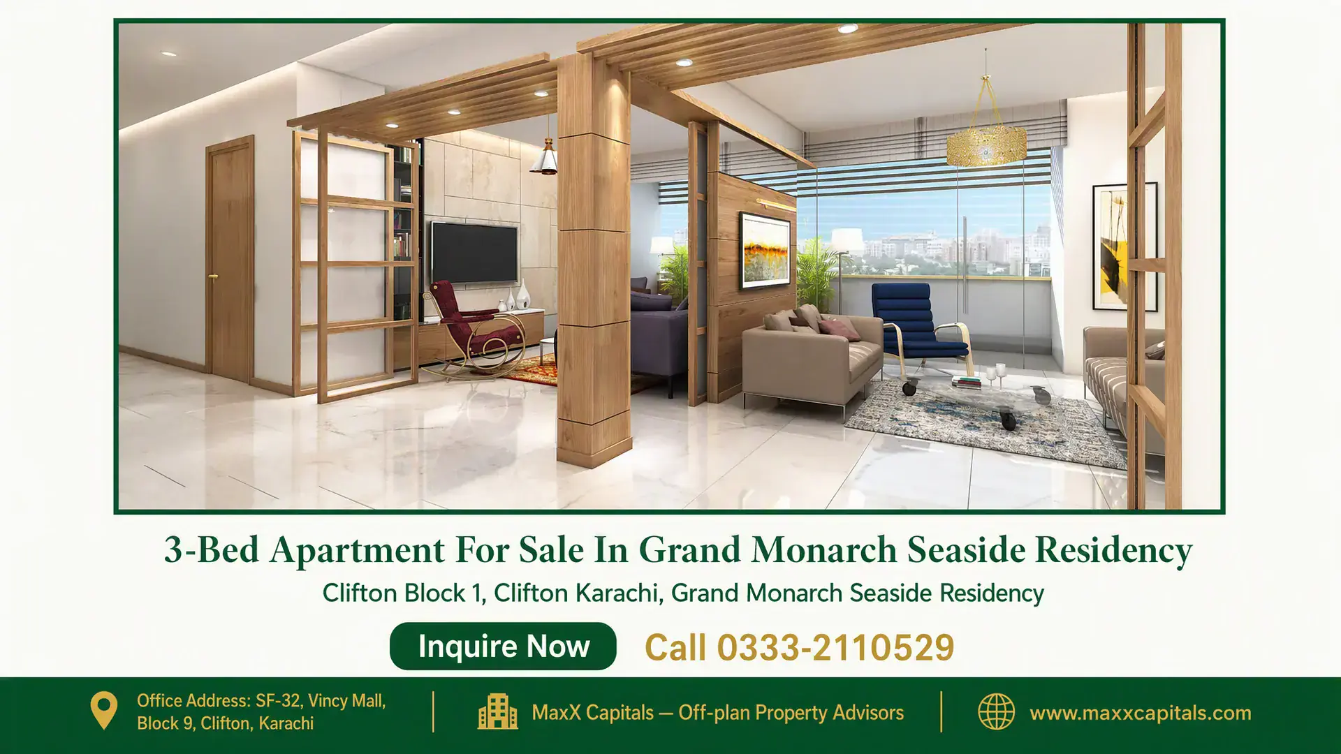 3-Bed Apartment For Sale In Grand Monarch Seaside Residency Modern open-plan living area with wooden accents, large floor-to-ceiling windows, and contemporary furniture in Grand Monarch