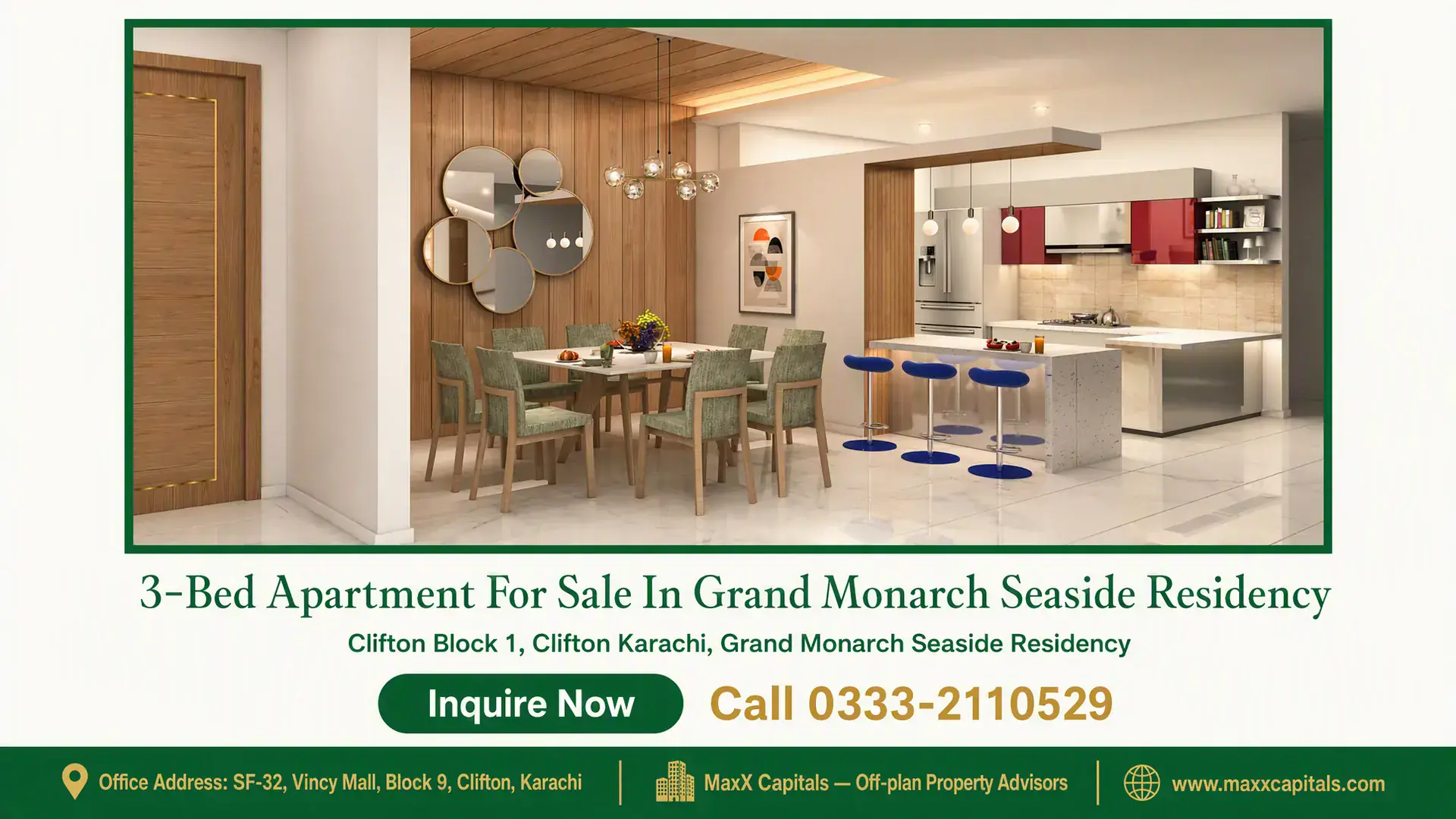 3-Bed Apartment For Sale In Grand Monarch Seaside Residency Modern dining area with a wooden accent wall, oval mirrors, a dining table with green chairs, and a stylish open kitchen in G