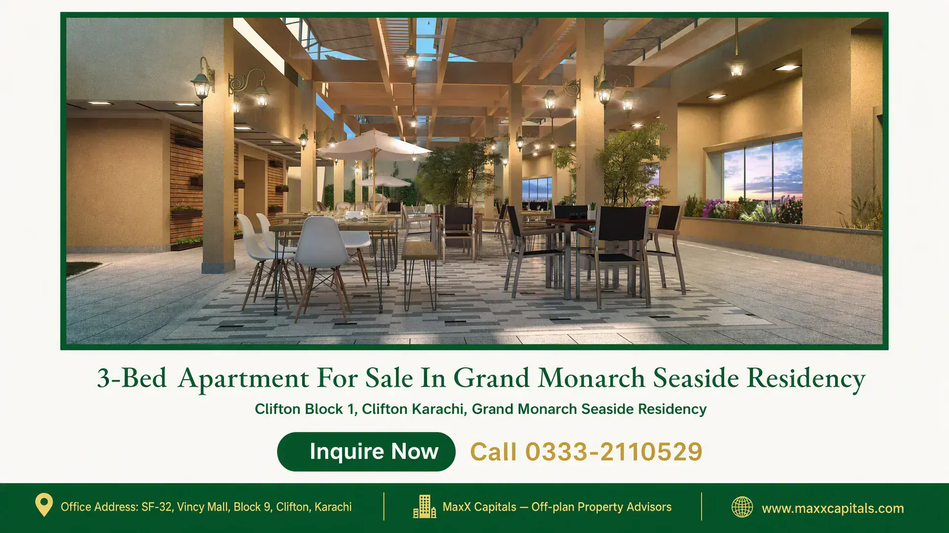 3-Bed Apartment For Sale In Grand Monarch Seaside Residency Luxurious open-air terrace with elegant seating, ambient lighting, and lush greenery at Grand Monarch Seaside Residency.