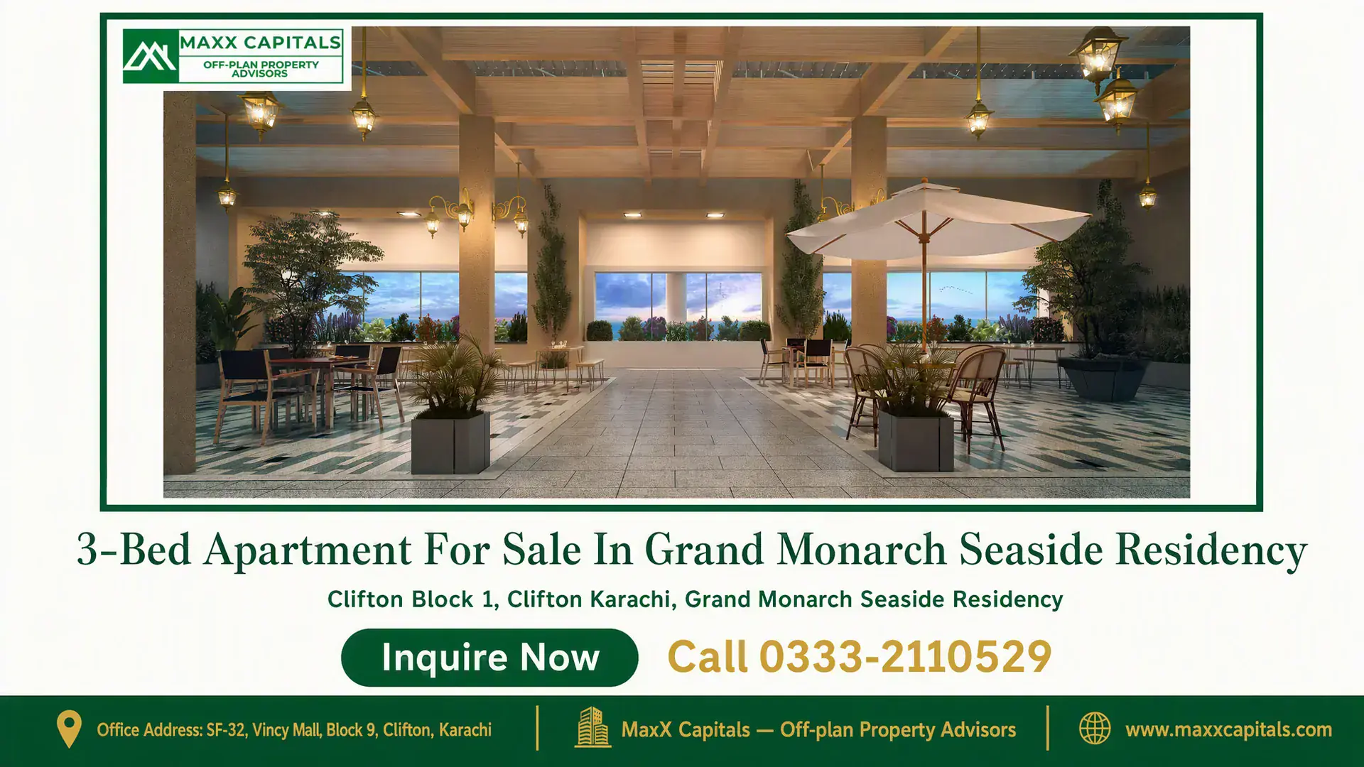 3-Bed Apartment For Sale In Grand Monarch Seaside Residency Open-air lounge with elegant wooden pergola, modern furniture, lush greenery, and sea view at Grand Monarch Seaside Residency