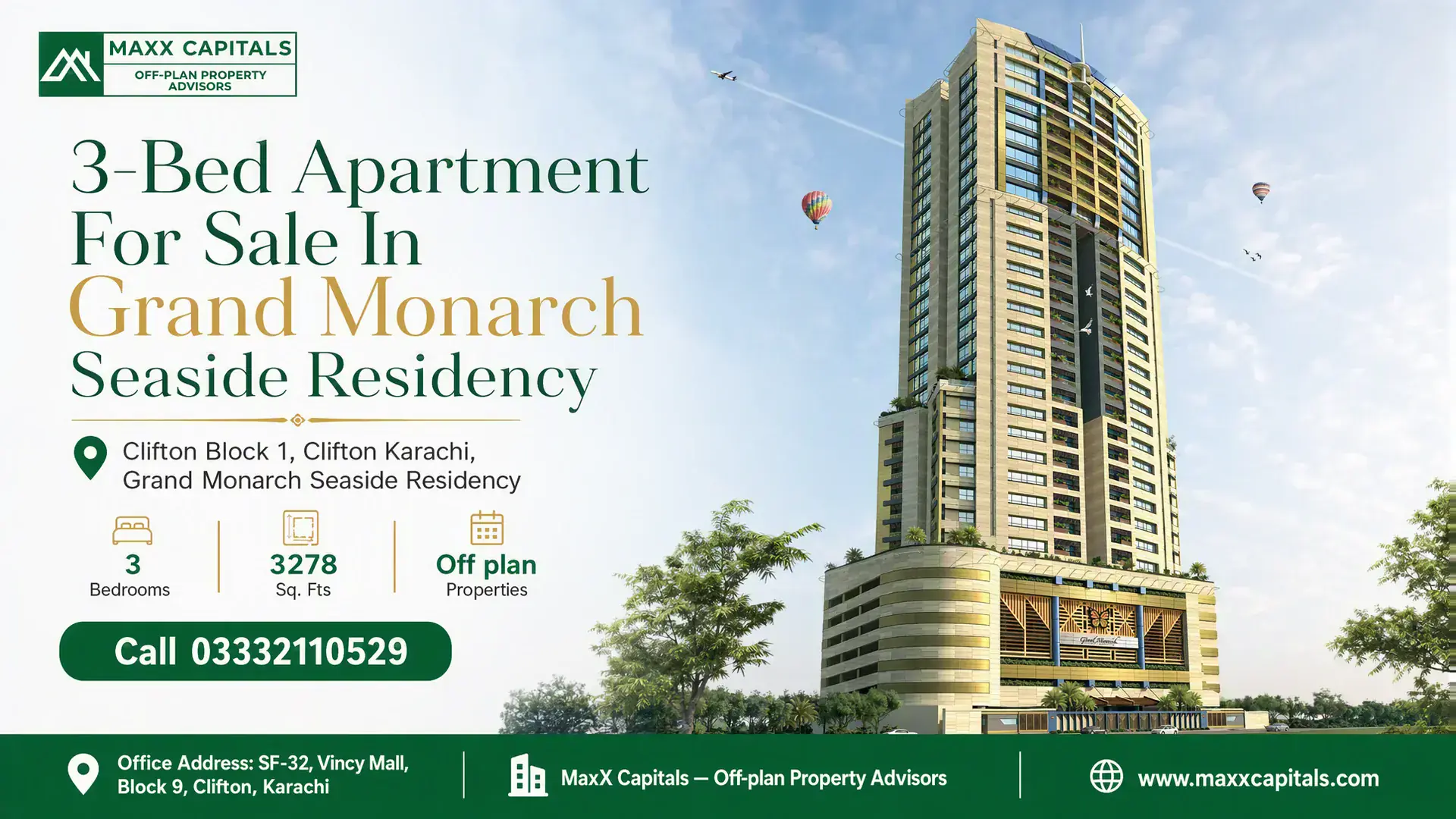 3-Bed Apartment For Sale In Grand Monarch Seaside Residency Modern high-rise residential tower of Grand Monarch with a sleek facade, large glass windows, and lush green surroundings.