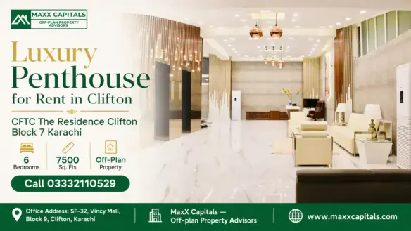 Spacious Luxury Penthouse Lounge With Modern Lighting, Marble Floors, And Elegant Furniture In Cftc The Residence Clifton.