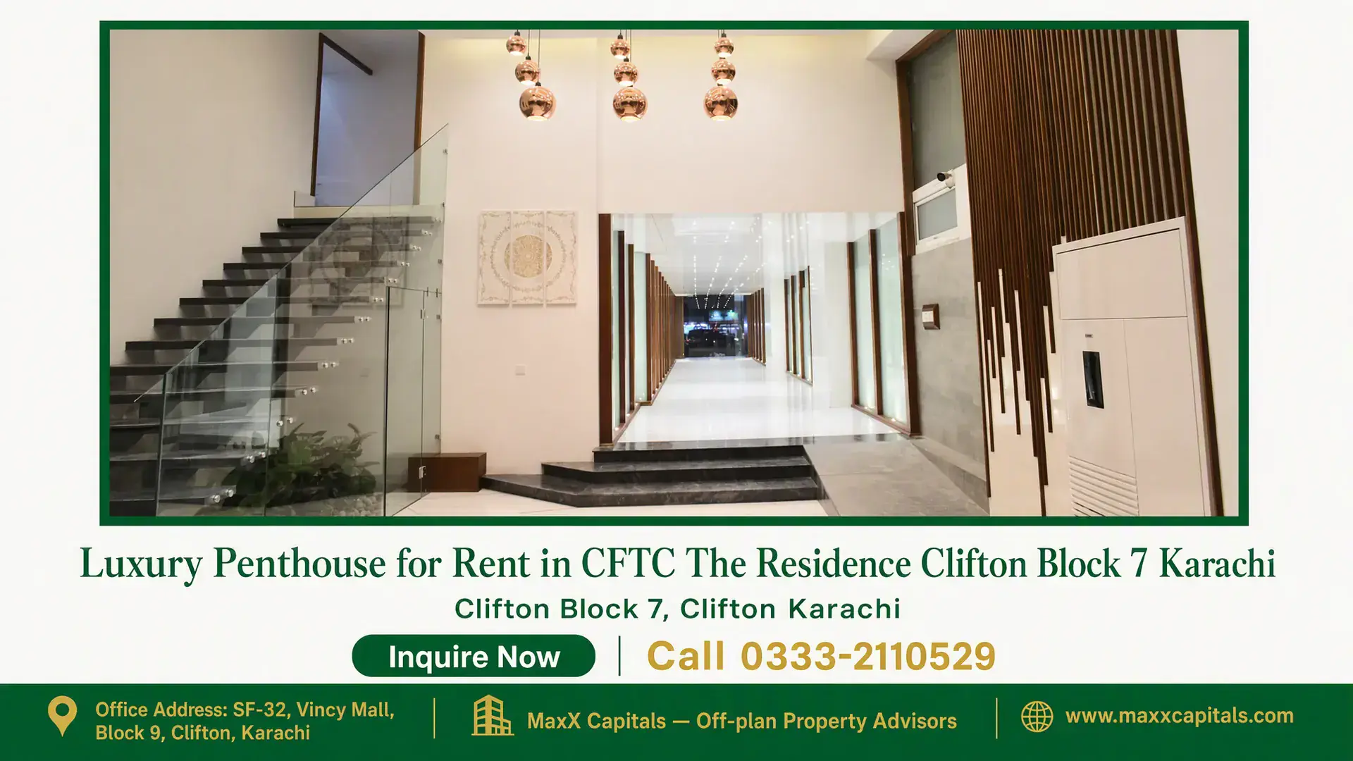 Luxury Penthouse for Rent in CFTC The Residence Clifton Block 7 Karachi Modern penthouse lobby in Clifton with glass staircase, marble flooring, decorative lighting, and wooden accents.