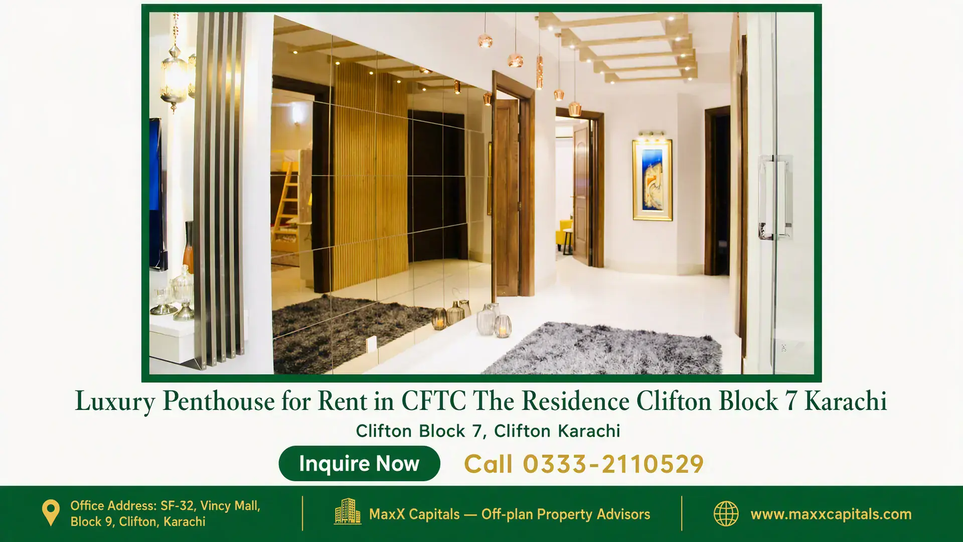 Luxury Penthouse for Rent in CFTC The Residence Clifton Block 7 Karachi Spacious luxury penthouse interior with modern decor, mirrored wall panels, pendant lighting, and wooden accents in Clifton.